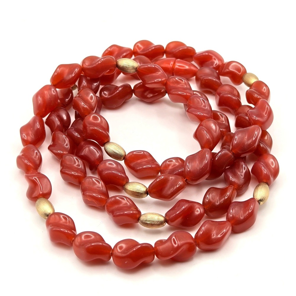 Vintage Coral Red Lucite Twisted Nugget Bead Necklace 32" Gold Tone Accent Beads